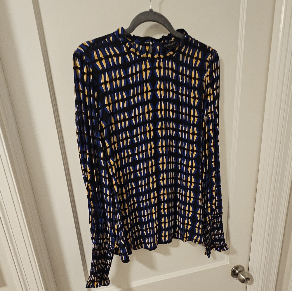 Rachel Zoe Blue Tan Smocked Bubble Top